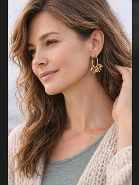 J. Jill Beaded Cluster Hoop Earrings Gold Tone Multicolor Glass Boho Coastal NWT